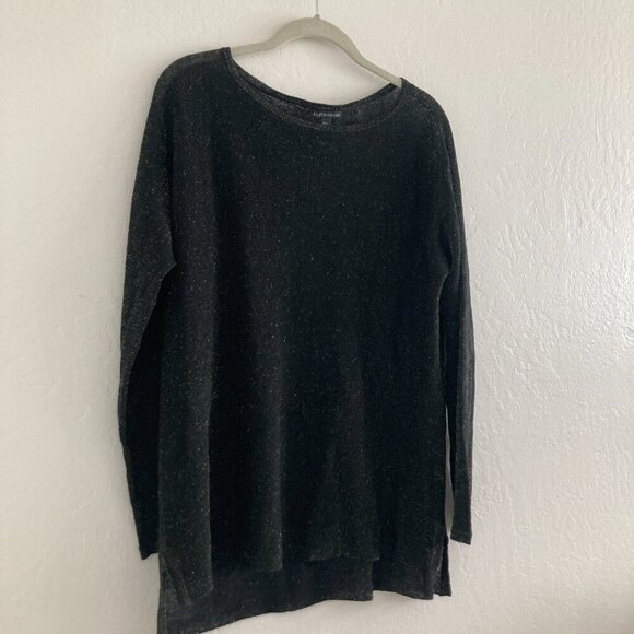 Eileen Fisher Linen Blend Crepe Sparkle Black Shirt Long Sleeve Boat Neck Party - Picture 10 of 11